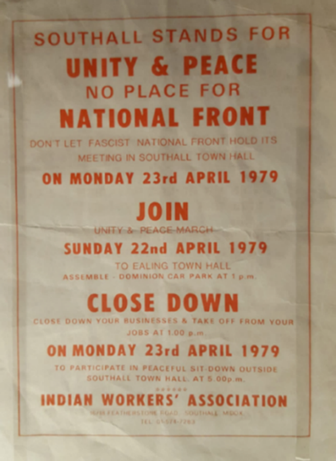 IWA poster for protests in Southall on 22 and 23 April 1979