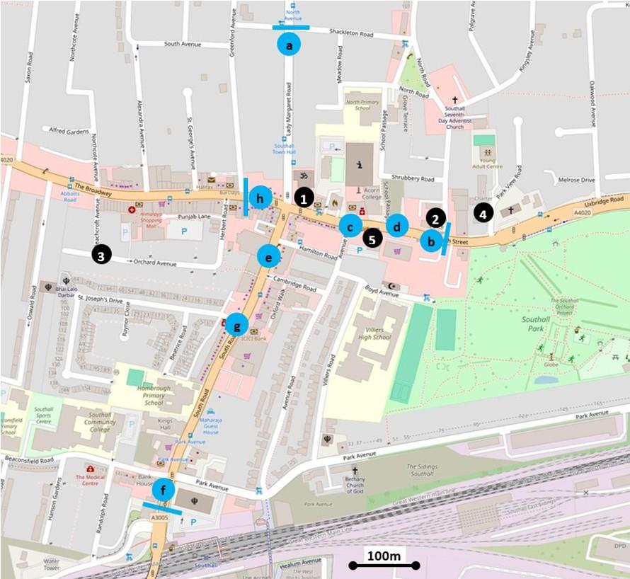 Figure 1: Southall – showing locations of planned police deployments around Southall Town Hall [Base map: OpenStreetMap]