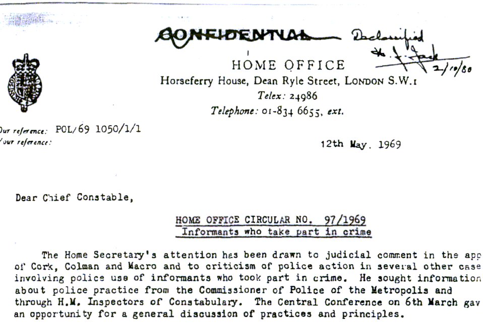 HOME OFFICE CIRCULAR 97_69 - INFORMANTS WHO TAKE PART IN CRIME