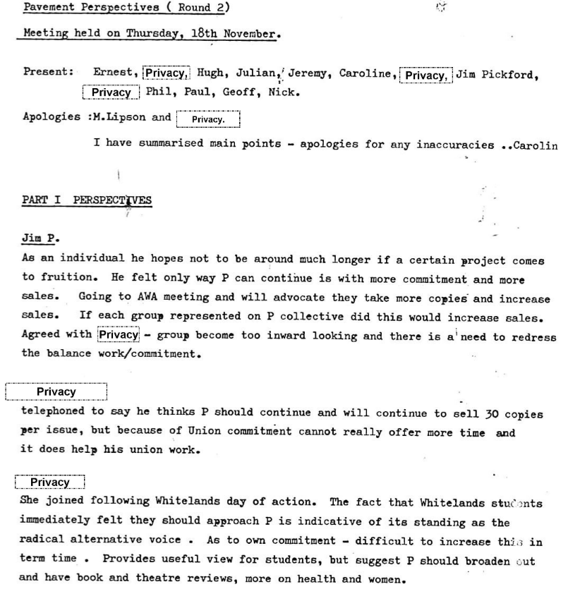 Jim Pickford ('Jim P') presence recorded in minutes from A Pavement meeting (1976)