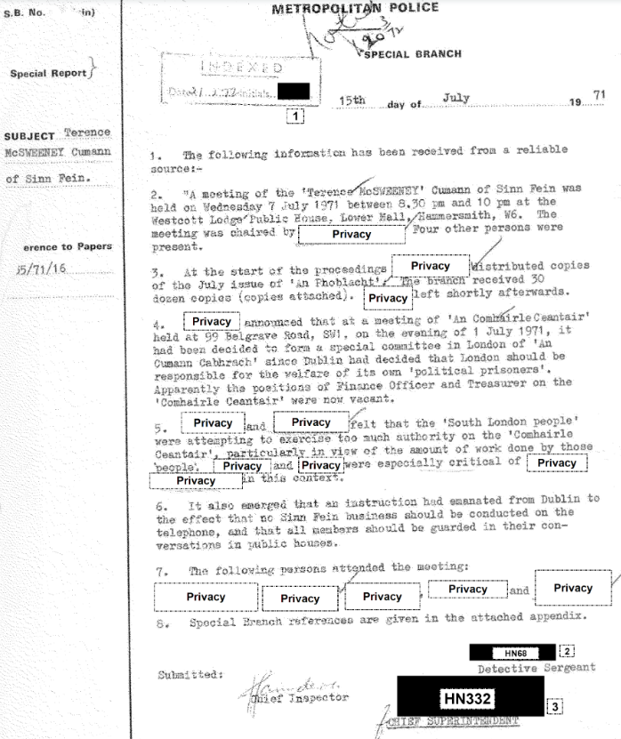 A typical HN68 'Sean Lynch' report on London Sinn Fein